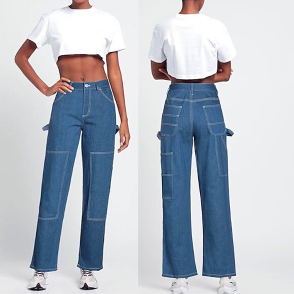 STAUD High Rise Wide Leg Cargo Jeans Painter Pant Size 6 Blue - Picture 13 of 14